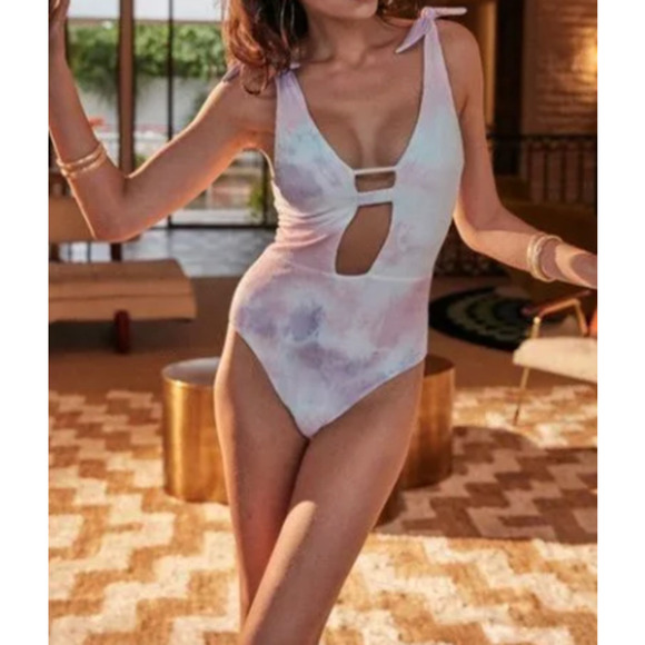 Soluna Moonlight Tie-Dye Ribbed Plunging One-Piece swimsuit Size M NWT - Picture 3 of 4